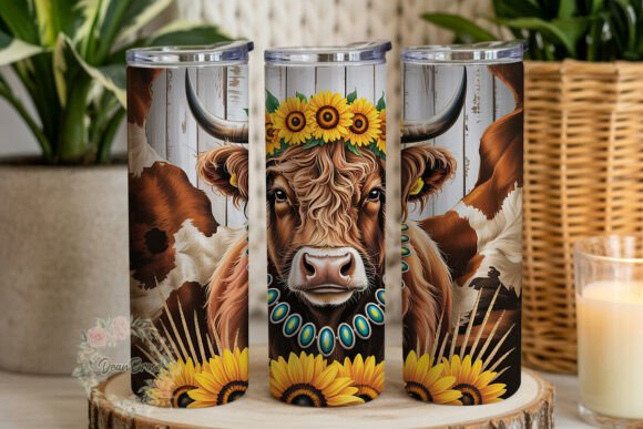 Highland Cow Sunflower Tumbler Wrap PNG Review